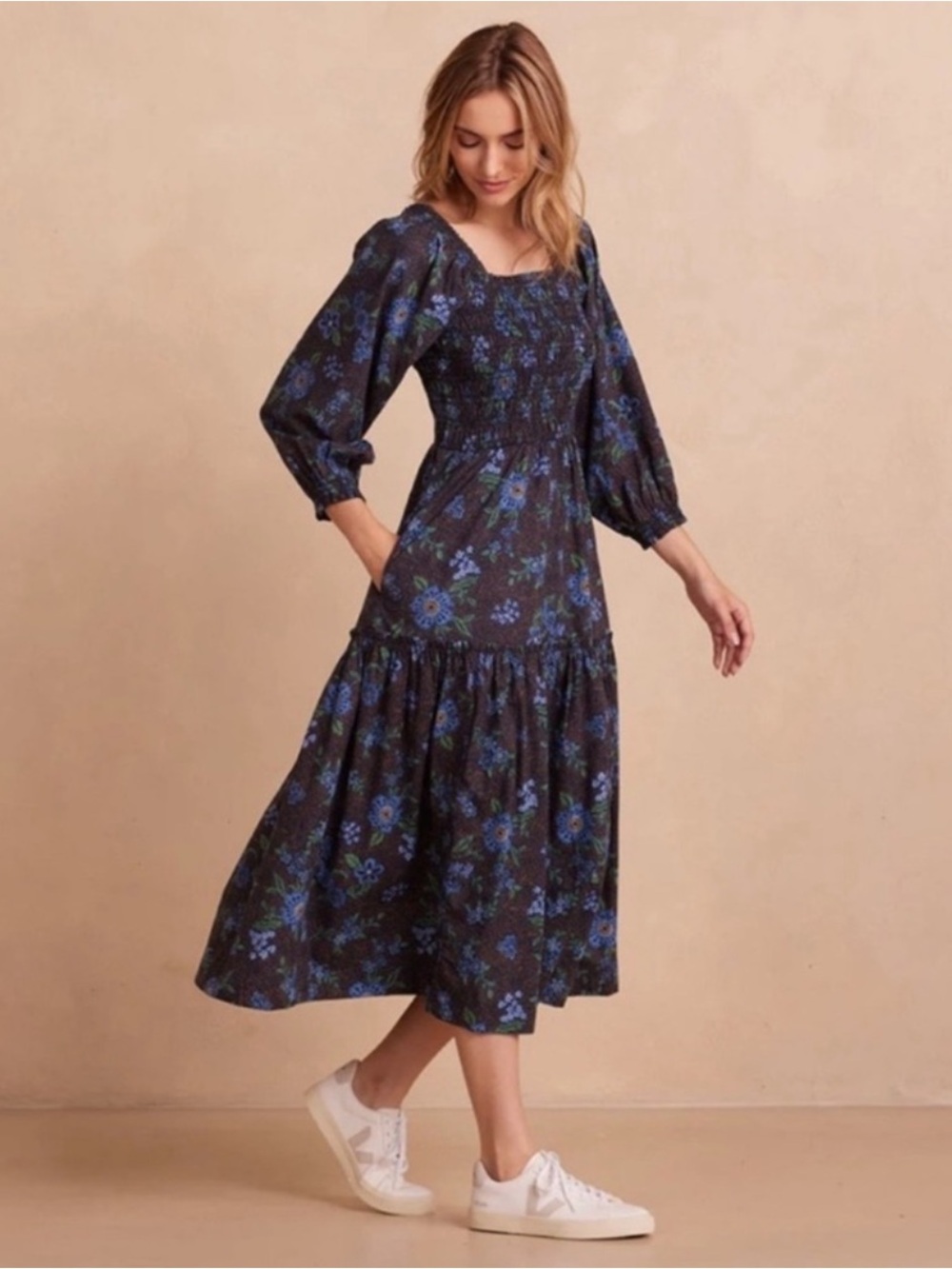 Summersalt Countryside Poplin Smocked Midi Dress Rustic Floral in Midnight 1XL